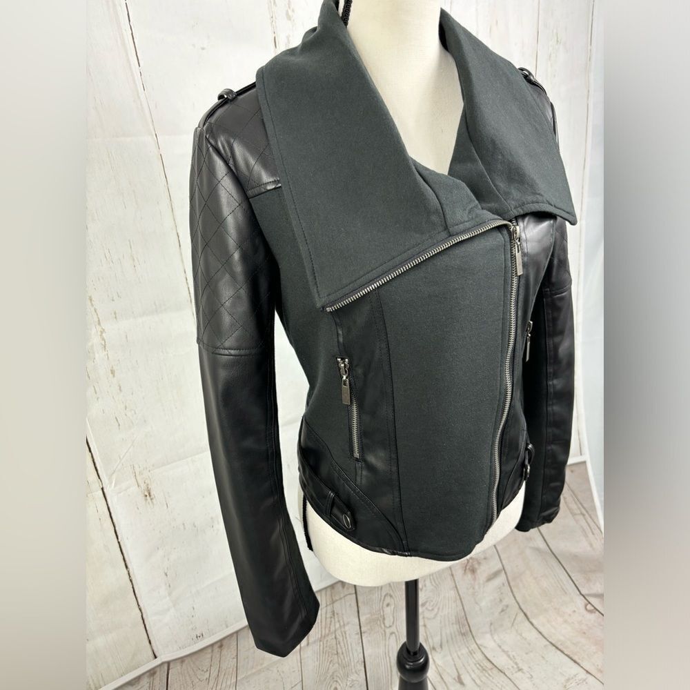 Ollie & Lala Mixed Fabric & Faux Leather Moto Jacket Black - Picture 7 of 12